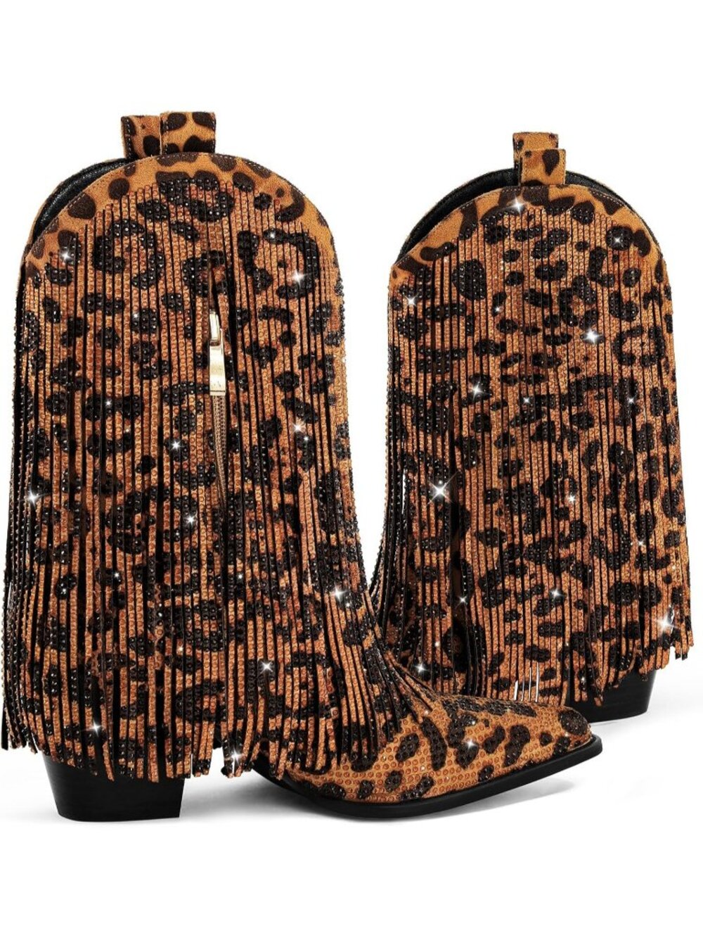 Women's Cowgirl Rhinestone Boots Leopard with Sparkly Fringe Pointed Toe Western - Picture 6 of 6